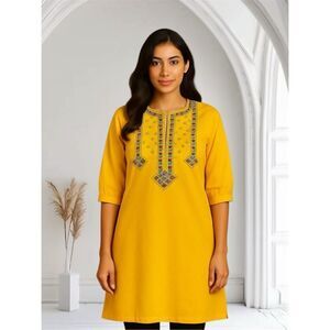 Bright Mustard Yellow Gold Embroidered Kurti Tunic Dress – Boho Style, Above Kne